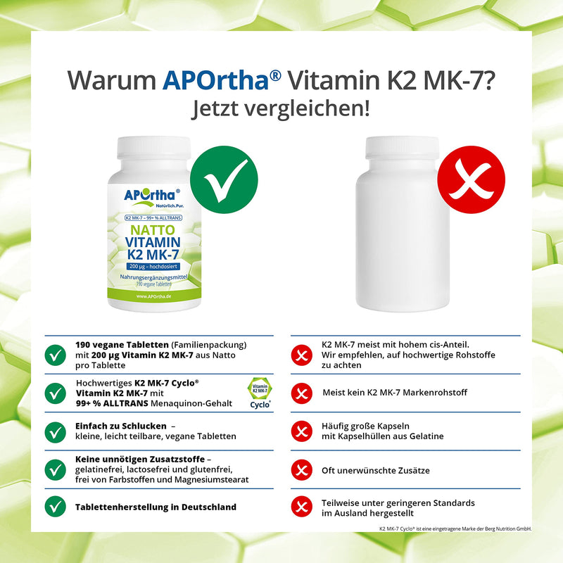 APOrtha Vitamin K2 MK7 200 µg 99+% ALL-Trans, 190 tablets high-dose vegan, high-quality Natto K2 vitamin easy to swallow dietary supplement Vit K2, vitamin K 2 alternative to K2 drops capsules - NewNest Australia