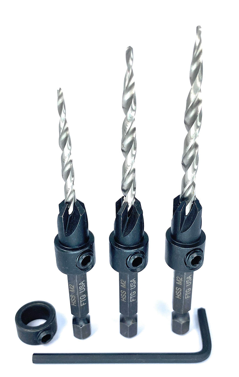 FTG USA Maximum Torque #6(9/64") #8(11/64") #10(3/16") Depth Adjustable Wood Countersink Drill Bit Set with Woodworking Tapered HSS Bits Secured with Pin - 1 Depth Stop Collar 3/8", and 1 Hex Wrench (1/8" Allen Key) - NewNest Australia