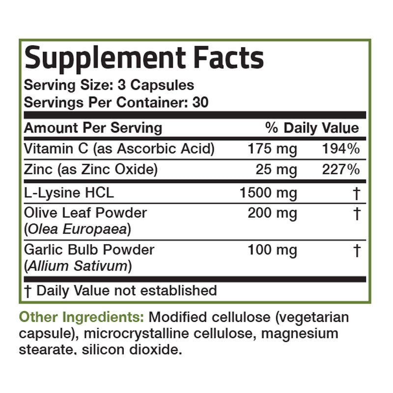 Bronson L-Lysine Defense Immune Support Complex 1500 MG L-Lysine Plus Olive Leaf, Garlic, Vitamin C and Zinc - Non-GMO, 90 Vegetarian Capsules 90 Count (Pack of 1) - NewNest Australia