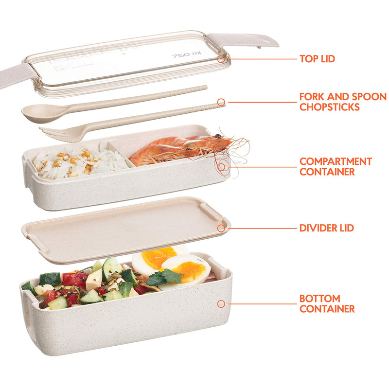 NewNest Australia - TARLINI HOME Kids Bento Box- Lunch Containers, Cute Lunch Boxes for Kids With Utensils, Chopsticks & Dividers, Bento Boxes for Adults, Dishwasher & Microwave Safe Japanese Bento Beige 