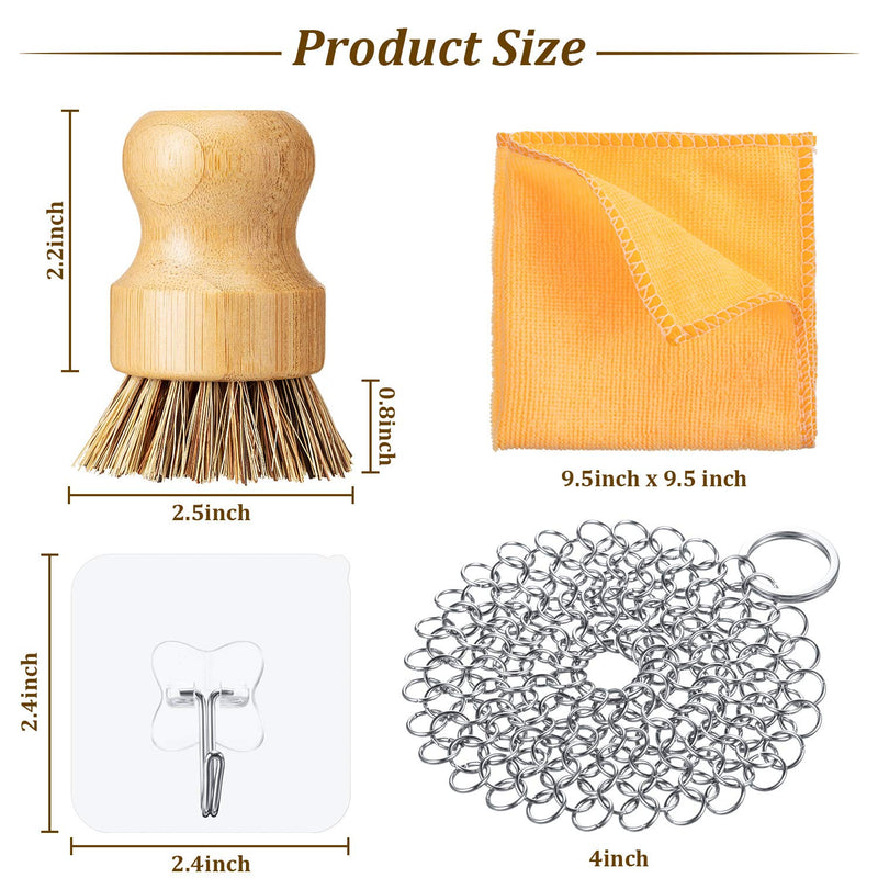 7 Pieces Cast Iron Cleaner Set Include Stainless Steel Chainmail Scrubber with Bamboo Dish Scrub Brush Hot Handle Holder 2 Pan Grill Scrapers Kitchen Towel Wall Hook - NewNest Australia