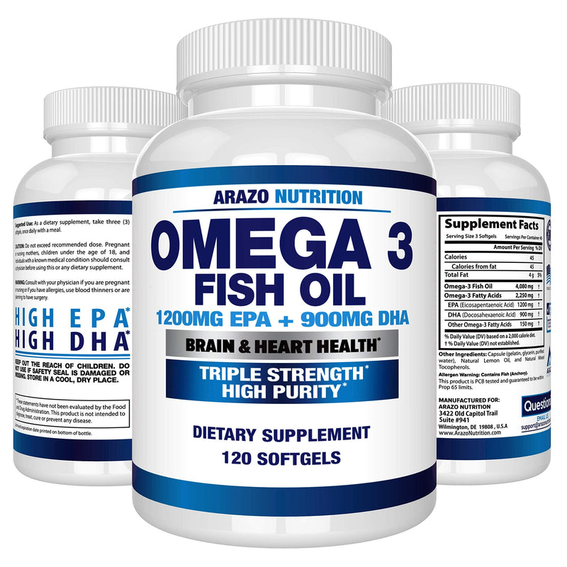 Omega 3 Fish Oil 4,080mg - High EPA 1200mg + DHA 900mg Triple Strength Burpless Softgels - Arazo Nutrition (120 Soft Gels) 120 Count (Pack of 1) - NewNest Australia