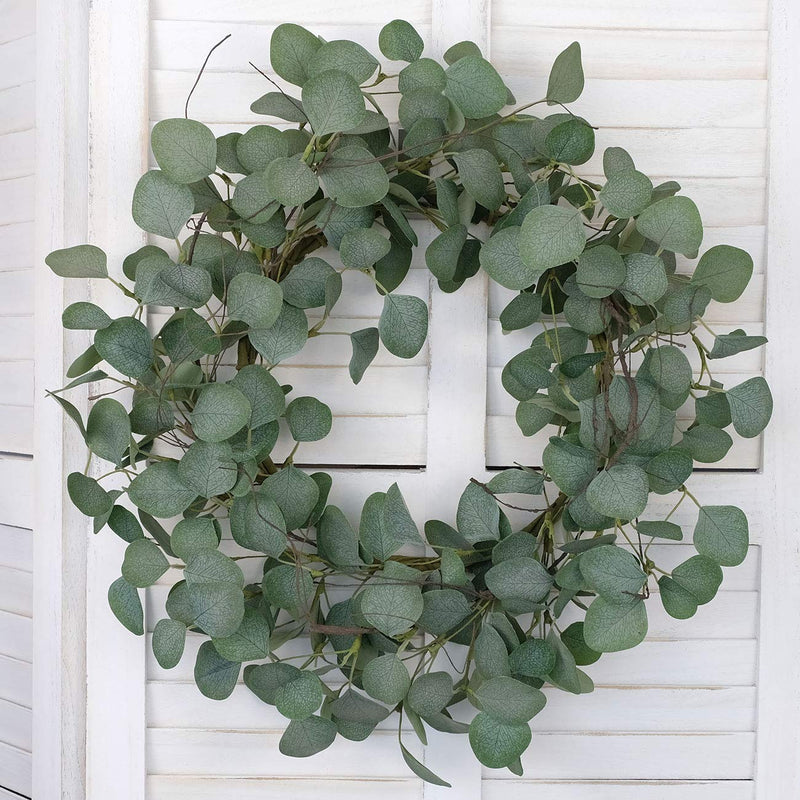 NewNest Australia - idyllic Eucalyptus Leaves Wreath Metal Polyester Fabric Paper Round Green Wreath 22 Inches for The Front Door Decor 