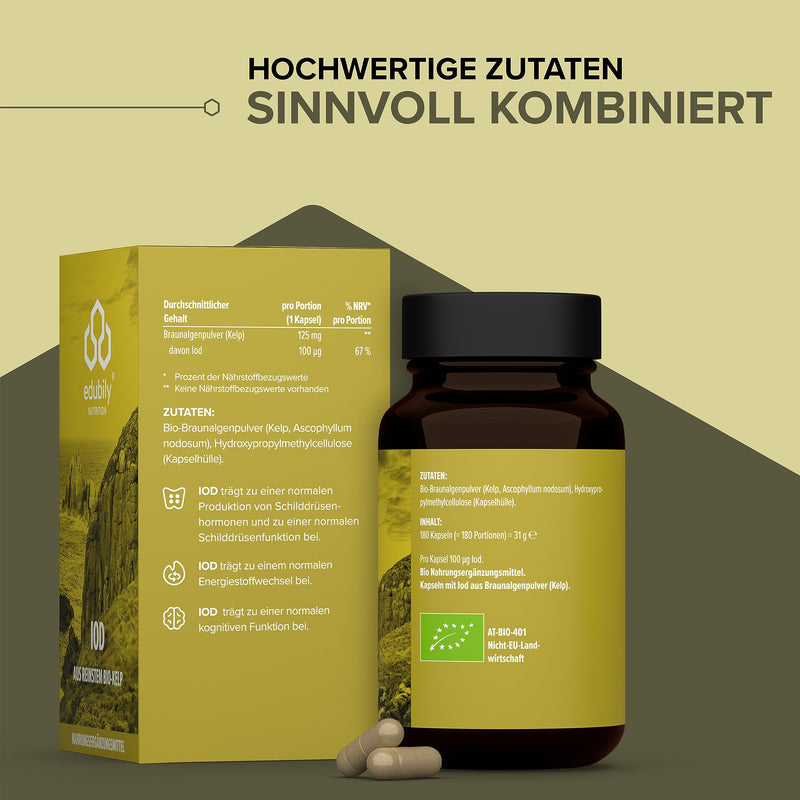 edubily nutrition® iodine from the purest organic kelp - 100 µg iodine per capsule - without additives - 180 capsules in brown glass - NewNest Australia