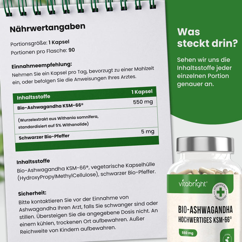 Ashwagandha KSM-66 Capsules - 550mg (Highly Concentrated 10:1 Ashwaganda Extract Equivalent to 5500mg) - With 5% Withanolids - 90 Vegan Ashwagandha Capsules - Ayurveda - Made in UK by VitaBright - NewNest Australia