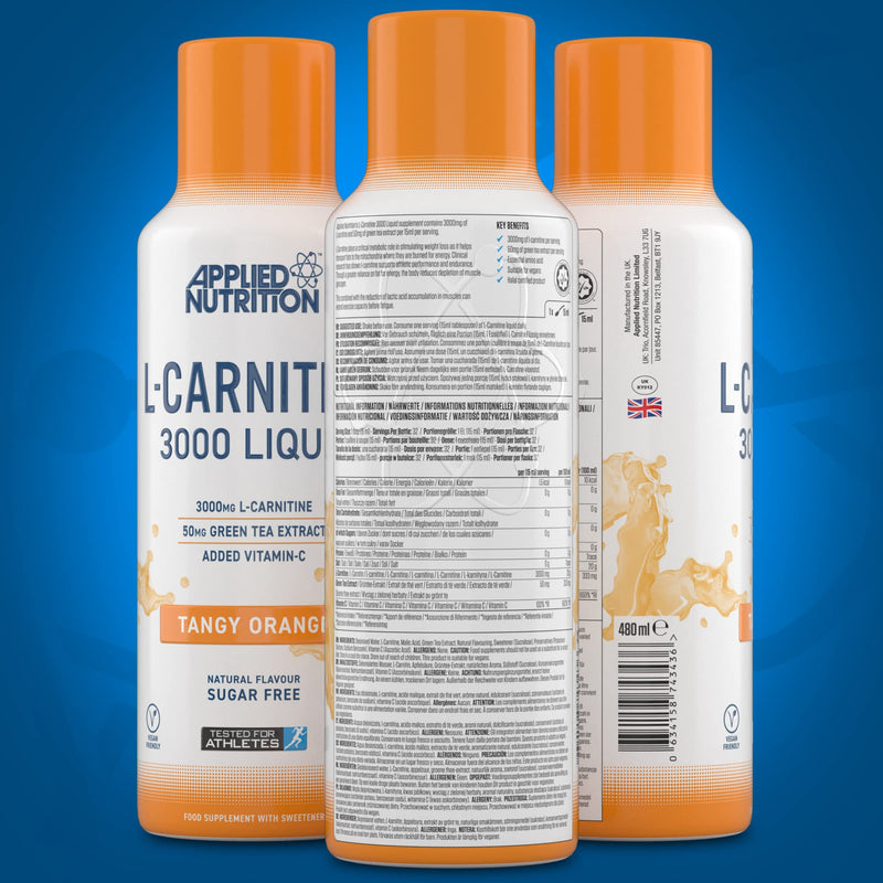 Applied Nutrition L Carnitine 3000 Liquid - L-Carnitine with Green Tea & Vitamin C, Boosts Energy & Weight Management, Vegan (480ml - 32 Servings) (Tangy Orange) Tangy Orange - NewNest Australia