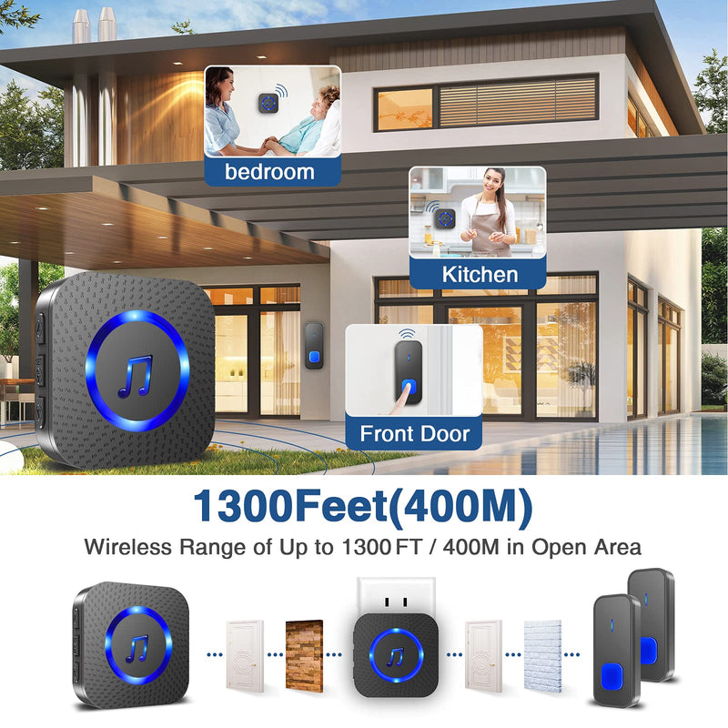 Wireless Doorbell, Waterproof Door Bell Battery Operated with Plug in Receiver Chime transmitters Remote Button, 55 Chimes 5 Volume, Loud Enough for Home Classroom, Black (2 Receivers + 1 Button) 2 Receivers + 1 Button - NewNest Australia