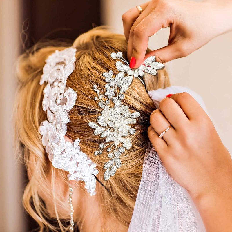 5 Pieces Pearl Wedding Hair Side Comb Crystal Bride Wedding Hair Comb U-shaped Bride Wedding Hair Pins Rhinestone Hair Accessories Pearl Flower Hair Comb for Women and Girls (Silver) - NewNest Australia