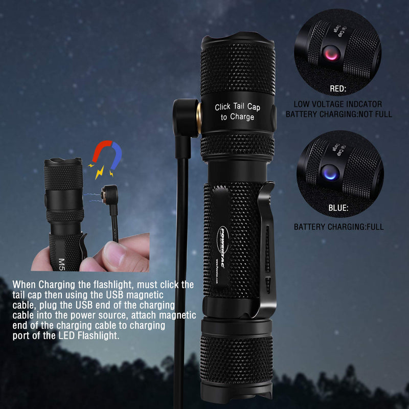 PowerTac M5 Tactical Flashlight, 1300 Lumens LED Flashlight, CREE XM-L2 U3 Flashlights High Lumens, Rechargeable Flashlight with USB Magnetic Charging Cable & 18650 Battery (Holster included) - NewNest Australia