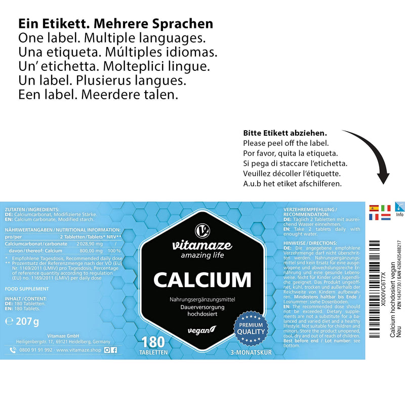 High-dose vegan calcium tablets, 180 tablets for 3 months, 800 mg calcium carbonate per daily dose, organic dietary supplement without additives, made in Germany 180 pieces (pack of 1) - NewNest Australia