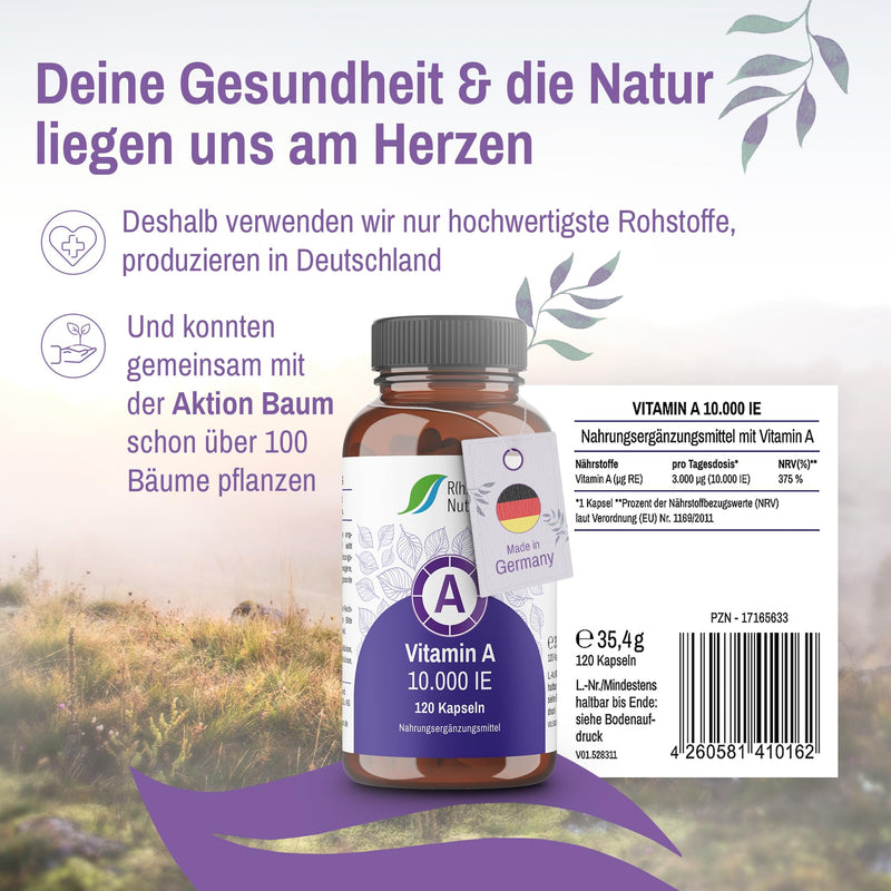 Vitamin A High Dose 10000 IU - 120 Capsules 4 Months Supply - Eye Vitamins Retinol - Vegan & Made in Germany Without Additives - Rhein Nutrition - NewNest Australia