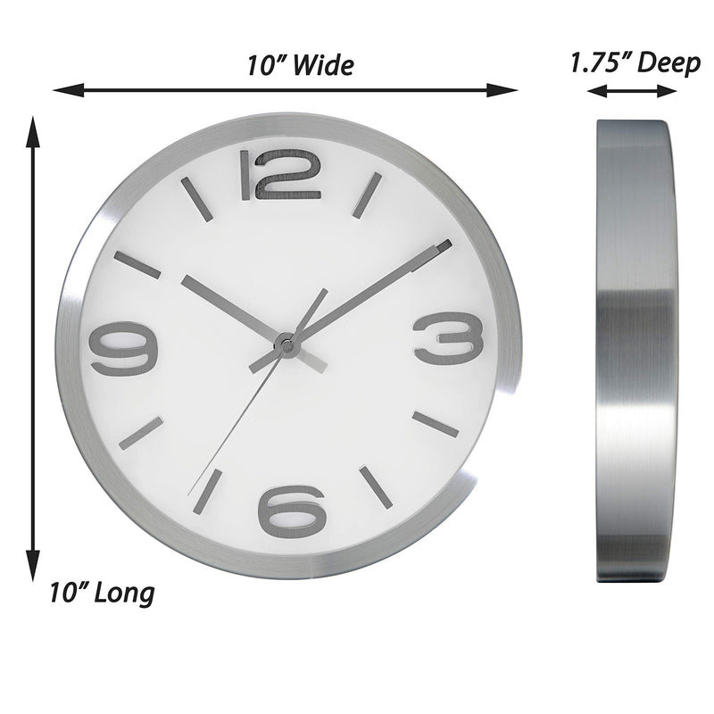 NewNest Australia - Bernhard Products Modern Wall Clock 10 Inch Silver Silent Non Ticking Battery Operated Round Elegant Metal Quality Quartz for Kitchen Home Office Clock with 3D Numbers, Easy to Read Silver & Afternoon White 