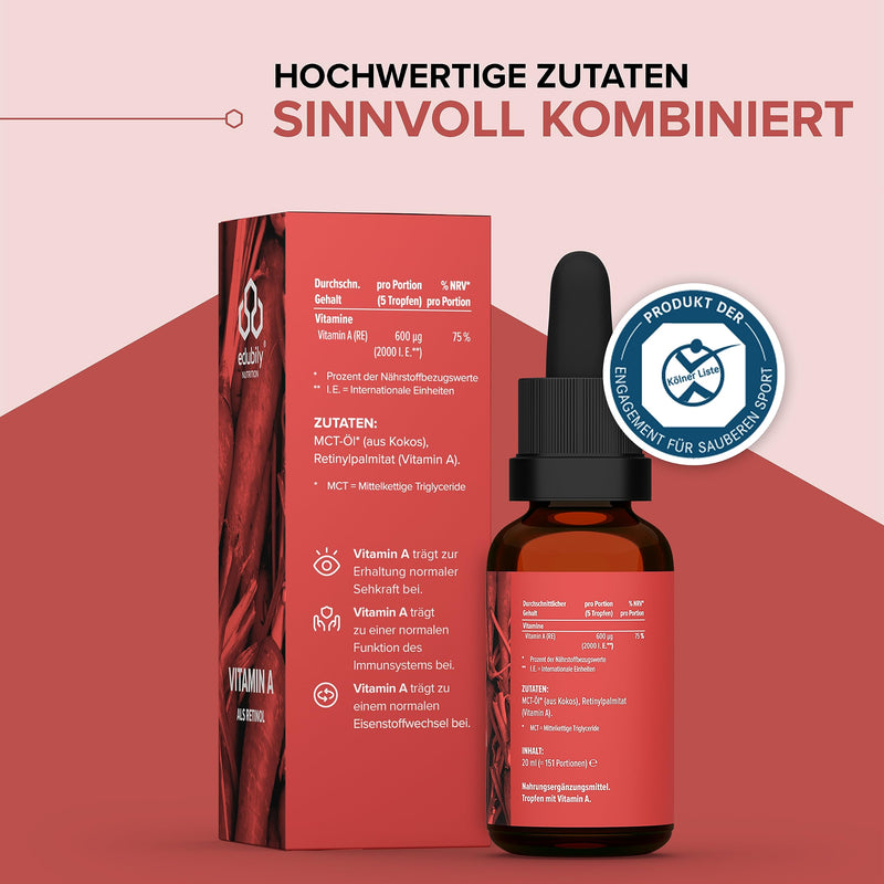edubily nutrition® Vitamin A drops As retinol oil from edubily® • 400 IU retinyl palmitate per drop - 2000 IU per day • Vegan • In MCT oil from coconut - NewNest Australia