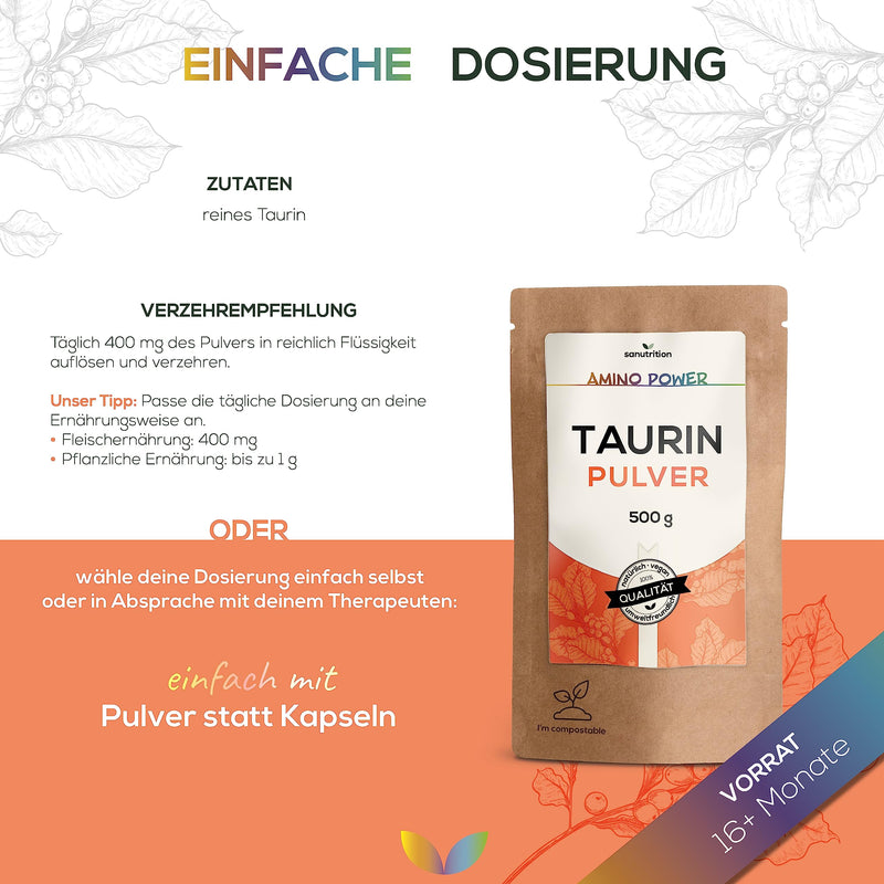 Taurine powder | 500g bag | 100% pure active ingredient | Quality from Austria | laboratory tested | vegan | Sanutrition - NewNest Australia
