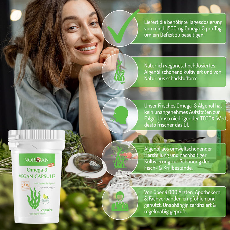 NORSAN Premium Omega 3 Vegan Capsules Pack of 2 (2x 80 pieces) / 1,700 mg Omega 3 per daily dose/vegan algae oil capsules with 420 mg EPA & 840 mg DHA/Omega 3 algae oil from sustainable cultivation 80 pieces (pack of 2) - NewNest Australia