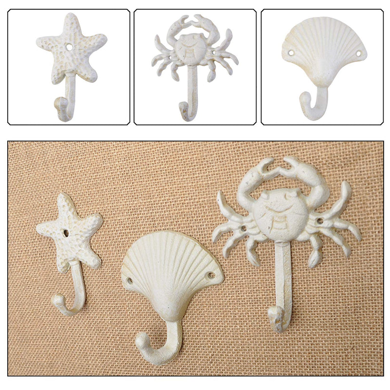 NewNest Australia - ZILucky Set of 3 Starfish Seashell Crab Cast Iron Decorative Wall Hooks Coats Aprons Hats Towels Hooks Beach Ocean Theme Chic Metal Hooks (White) White 