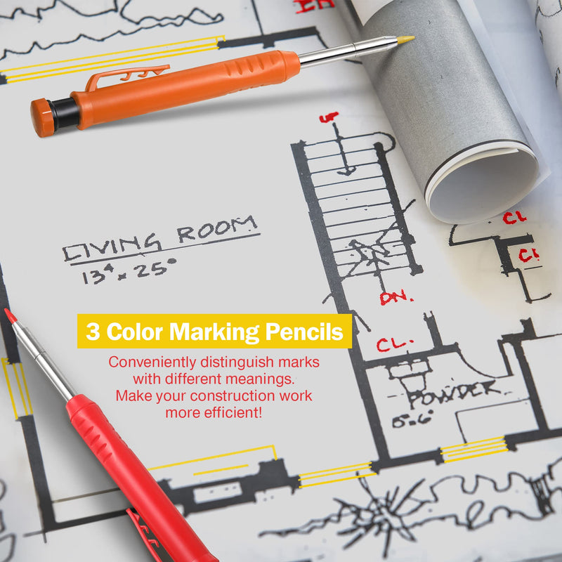Hiboom 3 Pieces Solid Carpenter Pencil with 21 Refill Red Yellow Gray, Long Nosed Deep Hole Mechanical Pencil Marker Marking Tool with Built in Sharpener for Carpenter (Orange, Red, Black Cover) - NewNest Australia