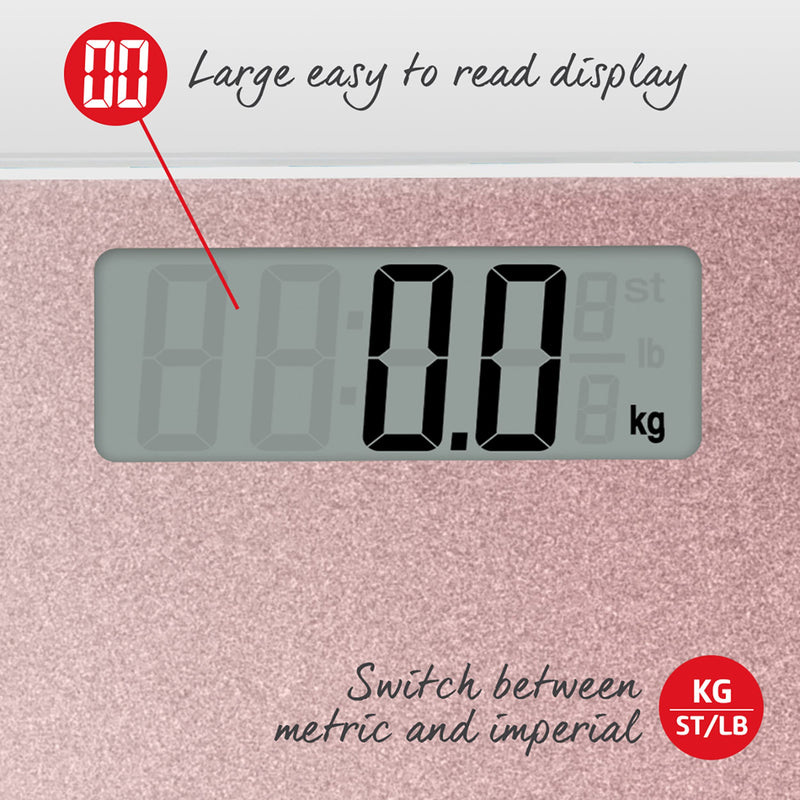 Salter 9037 Rggl3R Digital Bathroom Scales - Electronic Body Weight Scale, Tempered Glass Platform, Easy To Read, Instant Weight Measurement, 180 Kg Capacity, Rose Gold Glitter - NewNest Australia