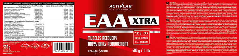 Activlab EAA XTRA 500g Orange| 7.95g EAA, 100% daily requirement, 50 servings, muscle regeneration, powder All 8 essential exogenous amino acids, B group vitamins, training drink, measuring cup - NewNest Australia