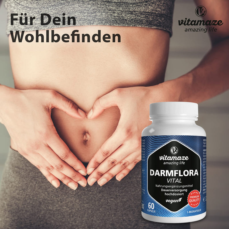 Darmflora Vital capsules, high dosage, enteric-resistant, 60 vegan capsules of probiotics for 1 month of intestinal treatment with 12 active intestinal bacterial cultures + inulin, 16.2 billion CFU per day, Made in Germany - NewNest Australia