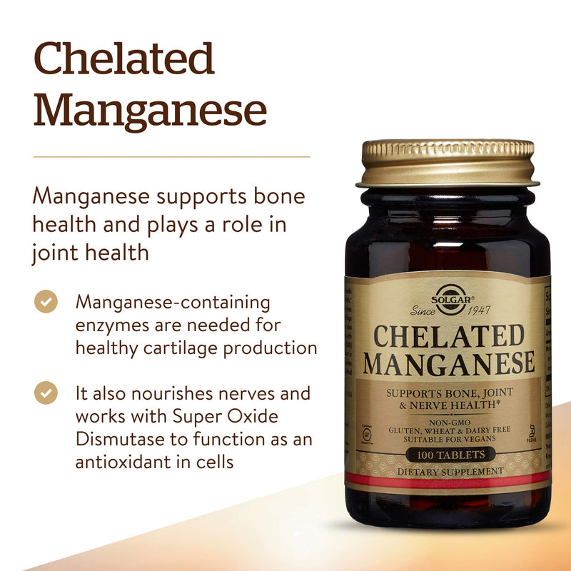 Solgar Chelated Manganese, 100 Tablets - Supports Bone, Joint & Nerve Health - Highly Absorbable - Non-GMO, Vegan, Gluten Free, Dairy Free, Kosher - 100 Servings - NewNest Australia