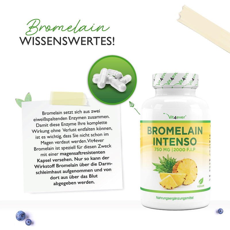 Bromelain Intenso - 750 mg (2000 FIP) - 120 enteric-coated capsules - Natural pineapple extract - Laboratory tested - Vegan - High dosage - NewNest Australia