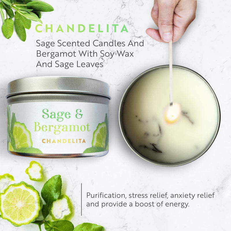 Chandelita Scented Candle Aroma Candle With Essential Oils Natural Pure From Sage And Bergamot - Sage Leaves, With Soy Wax For Cleaning And Meditation - Chakra Candle - Aromatherapy Candle - NewNest Australia