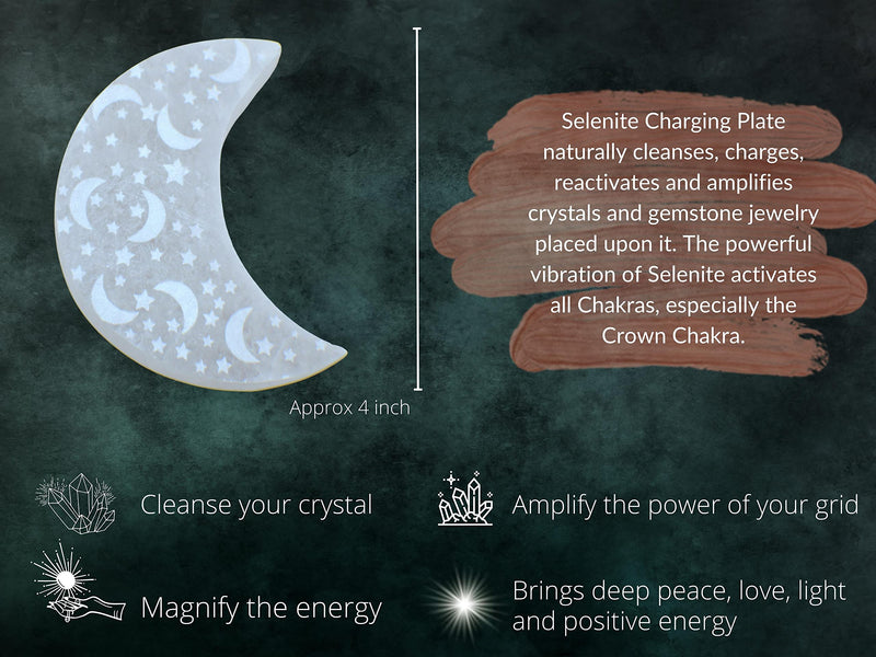 Selenite Crystal Charging Plate For Crystals And Healing Stones, 4.3" Selenite Crystal Plate Engraved Crescent Moon & Star Coaster For Home Office Table Decor (Selenite Moon Disc) - NewNest Australia