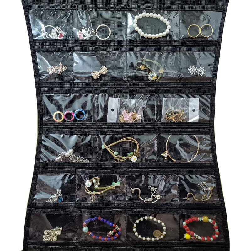 JSXD Hanging Jewelry Organizer,Dress-Like Double Side 84 Clear Pockets and 6 Hook Loops Storage for Holding Jewelries (Black) Black - NewNest Australia