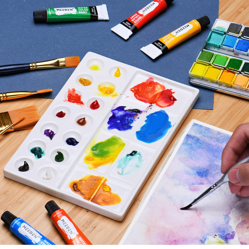 MEEDEN 22-Well Ceramic Artist Paint Palette, Porcelain Watercolor Palette, 7.6'' × 5.5'' Ceramic Mixing Tray for Watercolor Painting, Gouache Painting and Tempera Painting - NewNest Australia