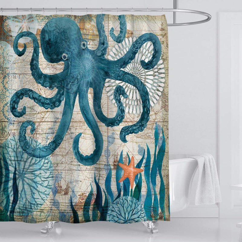 Muuyi Octopus Shower Curtain Kraken Shower Curtain - Funny Shower Curtains for Bathroom - Octopus with Ship Sail Old Boat in Ocean Waves, Cloth Fabric Bathroom Decor Set with Hooks, 72 x 72 Inches - NewNest Australia