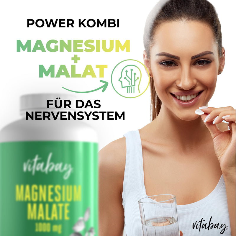 Vitabay Magnesium Malate Tablets VEGAN & LABORATORY TESTED - 180 pieces each 1000 mg magnesium malate (150 mg elemental) - high-dose magnesium capsules - high-dose magnesium malate tablets high-dose 180 pieces (pack of 1) - NewNest Australia