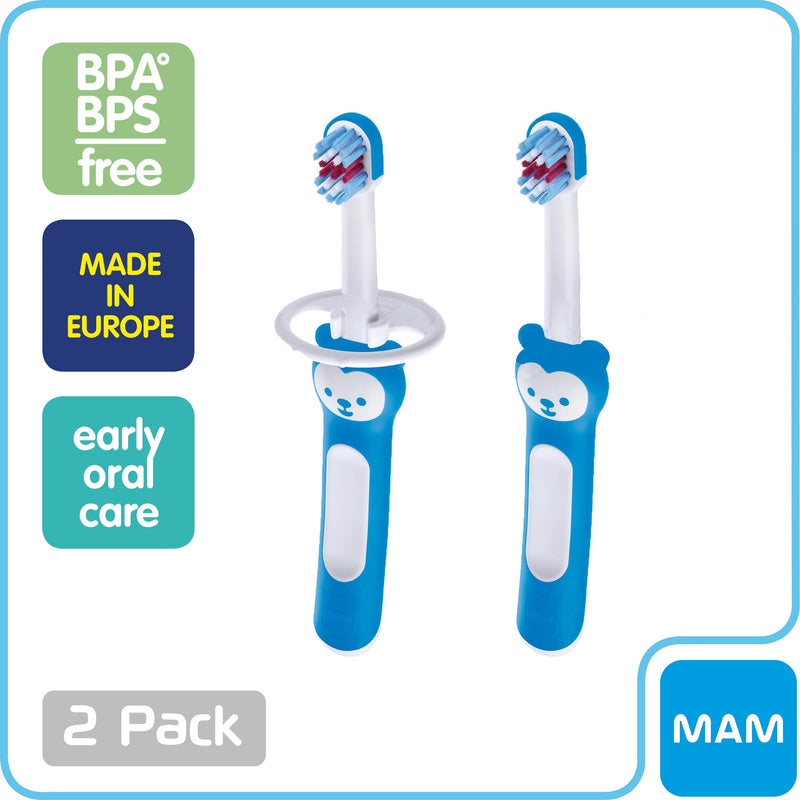 MAM Baby Toothbrushes (2 Baby's Brushes and 1 Safety Shield), Toothbrushes with Brushy the Bear Character, Interactive App, For Boys 6+ Months, Blue - NewNest Australia