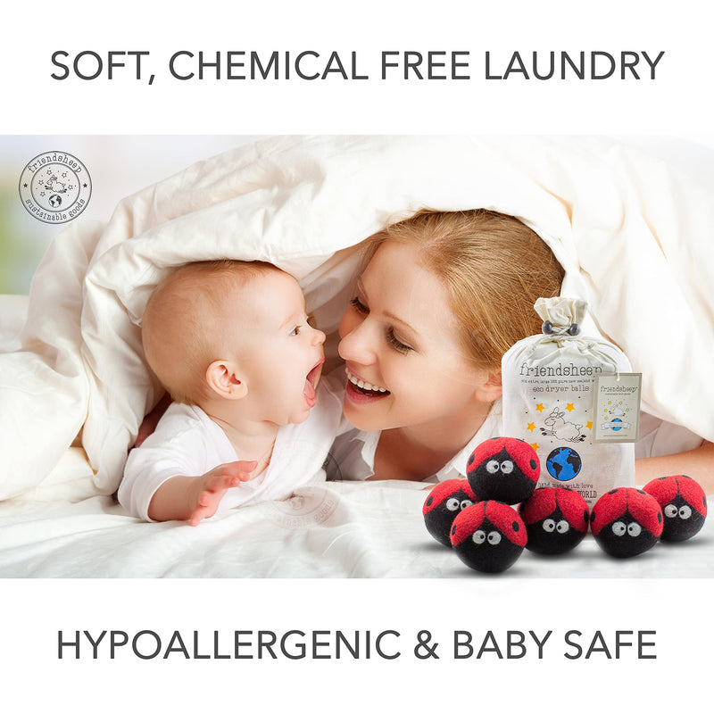 Friendsheep Wool Dryer Balls 6 Pack XL Organic Premium Reusable Cruelty Free Handmade Fair Trade No Lint Fabric Softener Ladybugs - Laundrybugs - NewNest Australia