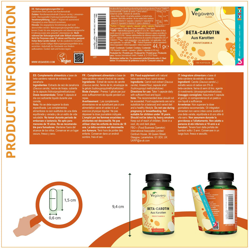 Beta carotene capsules | Price-performance winner 2024* | 100% natural from carrot extract | Tanning capsules - eyes* | German production Vegavero® | Laboratory tested, vegan, no additives | 180 capsules - NewNest Australia