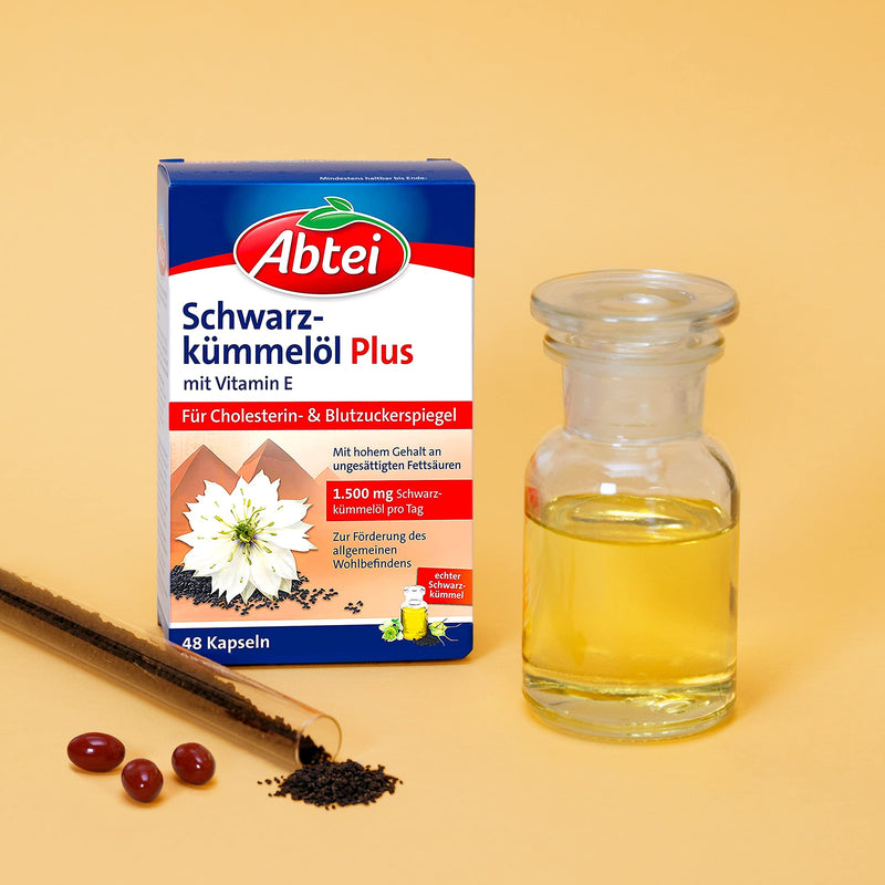 Abtei Black Cumin Oil Plus - with Vitamin E - Dietary Supplement for Cholesterol and Blood Sugar Levels - 1 x 48 Capsules 48 Pieces (Pack of 1) - NewNest Australia
