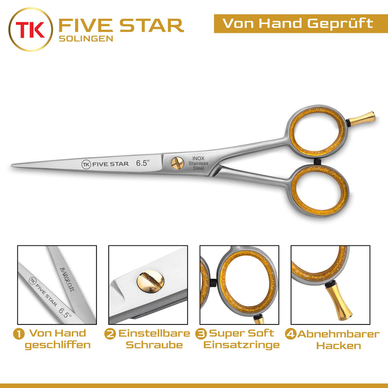 Five Star Solingen Barber Cut Professional 6.5 inch extra sharp hairdressing scissors, hair cutting scissors, rust-proof, micro-serrated for women, men, hairdressers and children, suitable for strong hair - NewNest Australia