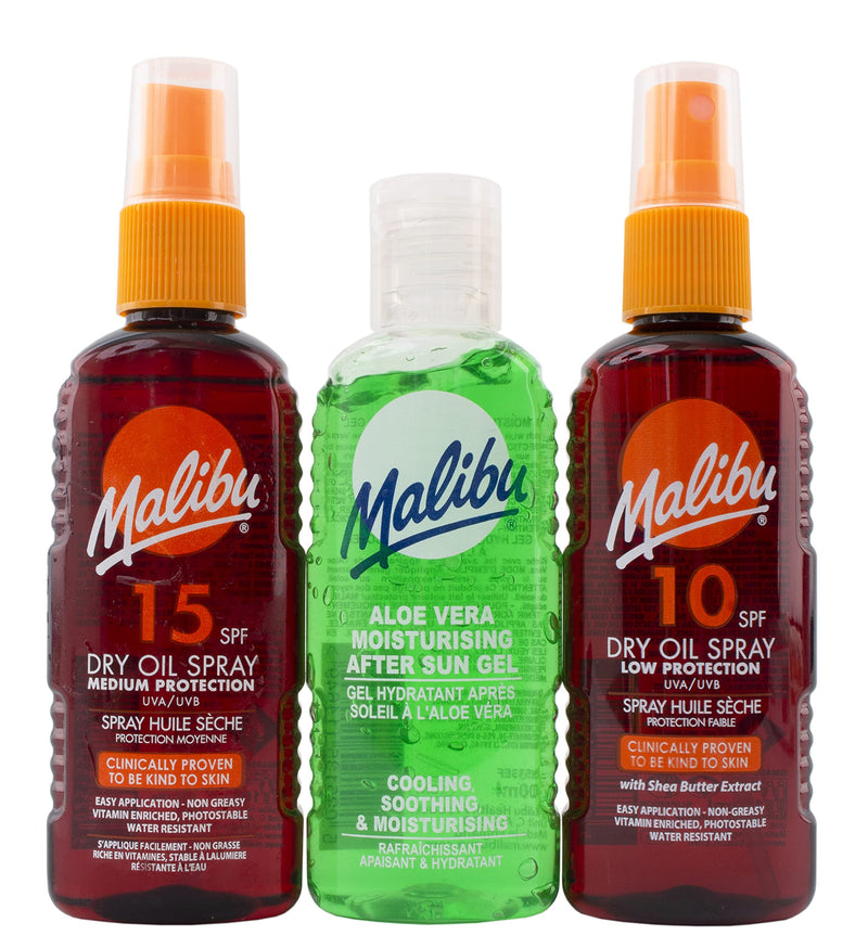 Malibu Hydrating Water Resistant Travel-Sized Sun Spray Oil Pack with Bag, SPF 10 and SPF 15 Dry Oil Spray 100ml and Aloe Vera After-Sun 100ml (3 Pack) - NewNest Australia