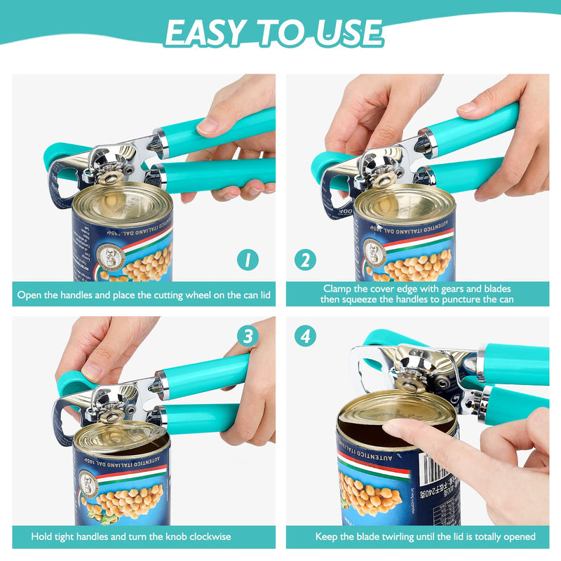 Mebotem 10 Colors Can Opener Manual Handheld Heavy Duty Hand Can Opener Smooth Edge Stainless Steel Can Openers Top Lid Kitchen Gadgets, Best Large Rated Easy Turn Knob, with Bottle Opener, Aqua Sky 1 - NewNest Australia