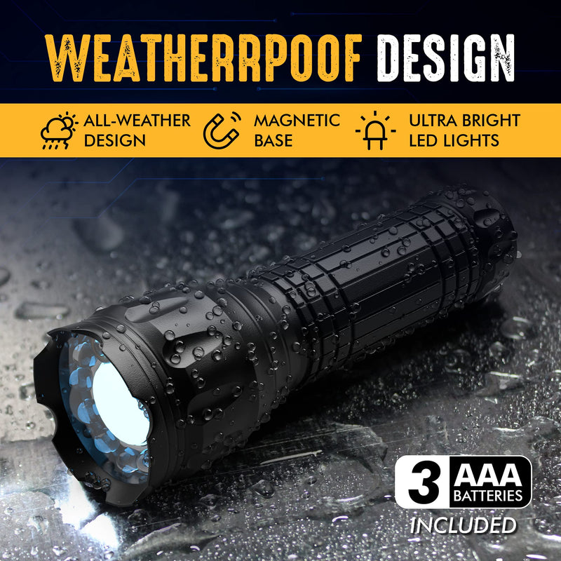 SAMLITE- LED Tactical Flashlight With 5 Options, Bright LED Light, Laser Pointer, UV Blacklight, Green Light and Magnetic Bottom - Water Resistant - (3 AAA Batteries Included) - NewNest Australia