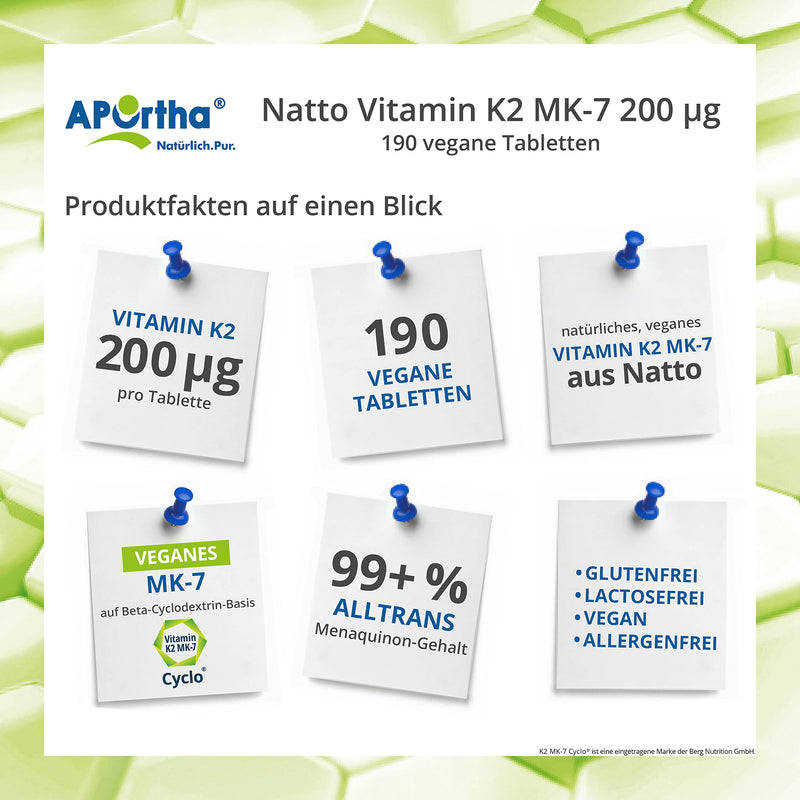 APOrtha Vitamin K2 MK7 200 µg 99+% ALL-Trans, 190 tablets high-dose vegan, high-quality Natto K2 vitamin easy to swallow dietary supplement Vit K2, vitamin K 2 alternative to K2 drops capsules - NewNest Australia