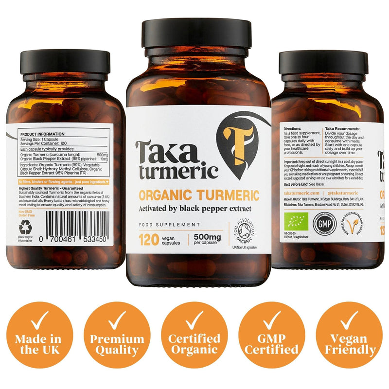 Taka Turmeric Organic Turmeric with Black Pepper Extract - 120 Vegan Capsules, 500mg Pure Indian Turmeric Powder with Natural Curcumin Content, Enhanced Absorption from Piperine, Independently Tested - NewNest Australia