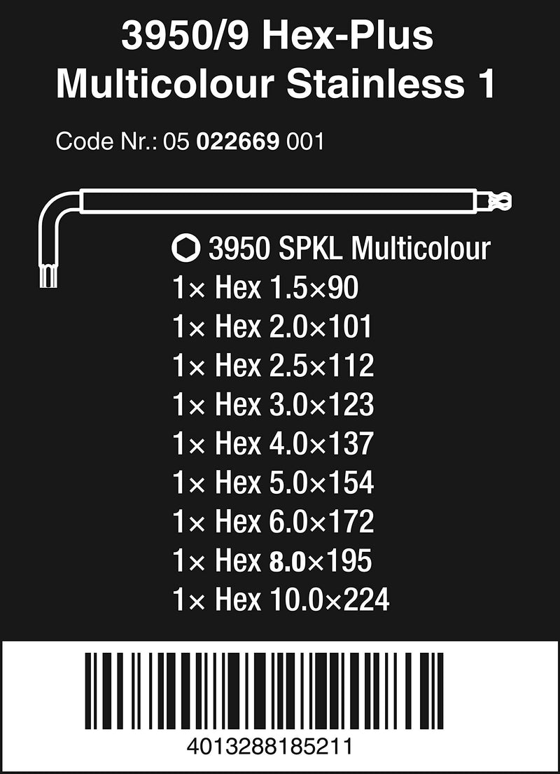 Wera 05022669001 L-Key Set 3950 Spkl/9 SM Metric of Stainless Steel,MULTI - NewNest Australia