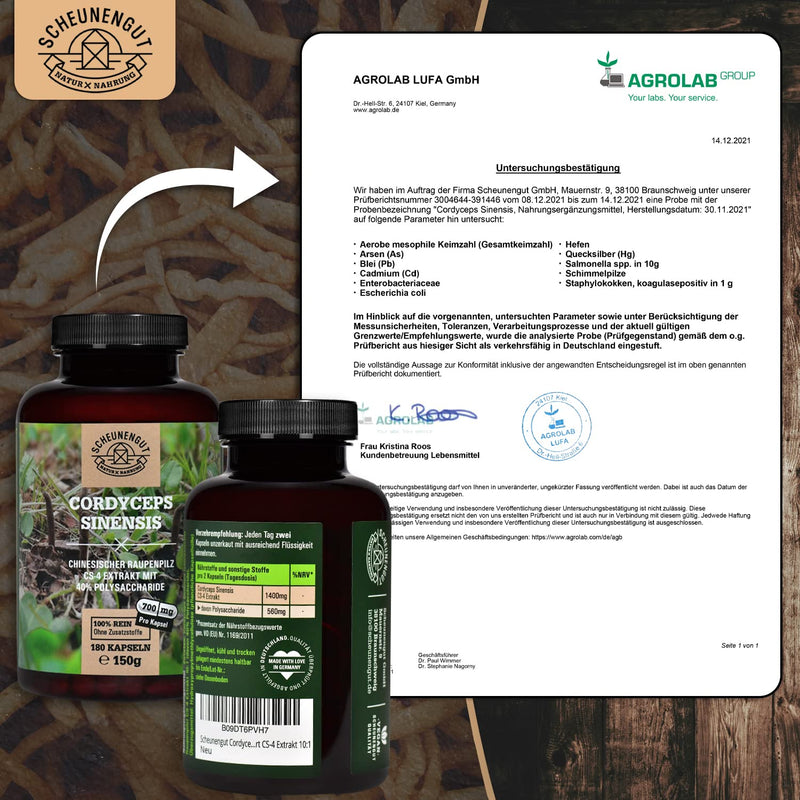 Cordyceps Sinensis - 1400Mg Per Daily Dose - Important: 10:1 Extract (=14,000Mg Cordyceps Per Dose) I With 40% Bioactive Polysaccharides I 180 Cordyceps Capsules (Cs-4 Extract) I From De I Scheunengut - NewNest Australia
