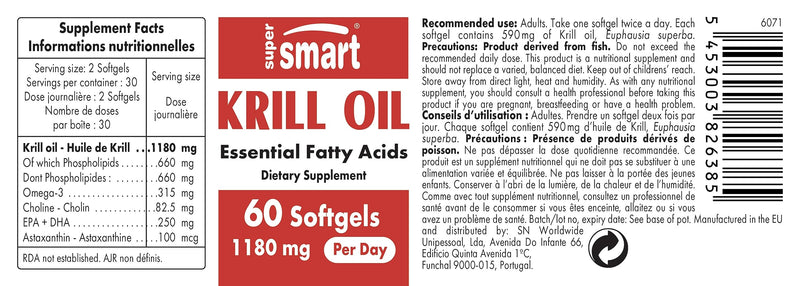 Krill oil 1180 mg/day - Promotes normal blood pressure - Naturally rich in Omega 3 (EPA and DHA), antioxidants and phospholipids - Supersmart - NewNest Australia
