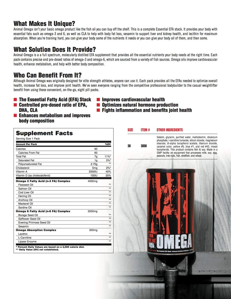 Animal Omega - Omega 3 6 Supplement - Fish Oil, Flaxseed Oil, Salmon Oil, Cod Liver, Herring, and more - 10 Sources of Omegas and EFAs - Full dose of EPA, DHA, CLA + Absorption Complex - 30 Day Pack - NewNest Australia