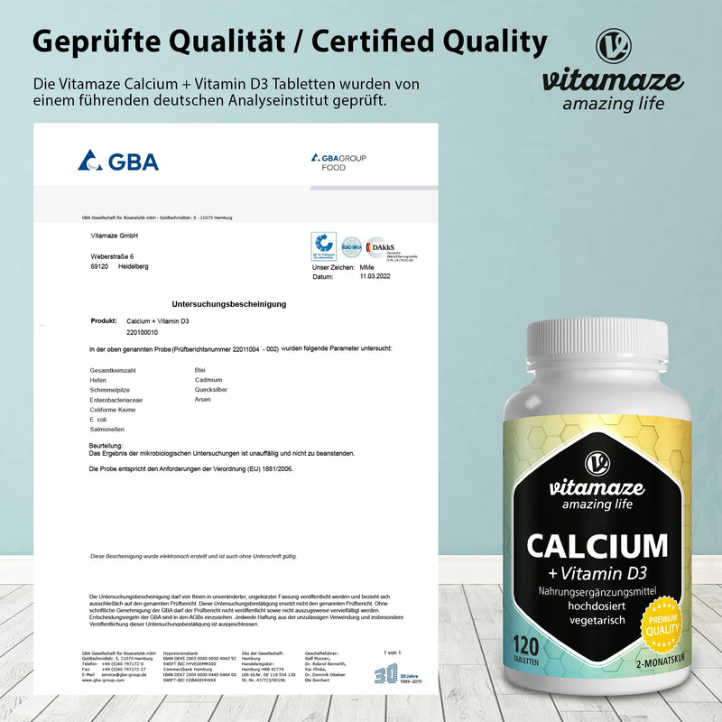 Calcium + Vitamin D3 High Dose, 600 Mg Calcium Carbonate + 400 Iu Cholecalciferol Per Daily Dose, 120 Vegetarian Tablets For 2 Months, Dietary Supplement Without Additives, Made In Germany - NewNest Australia