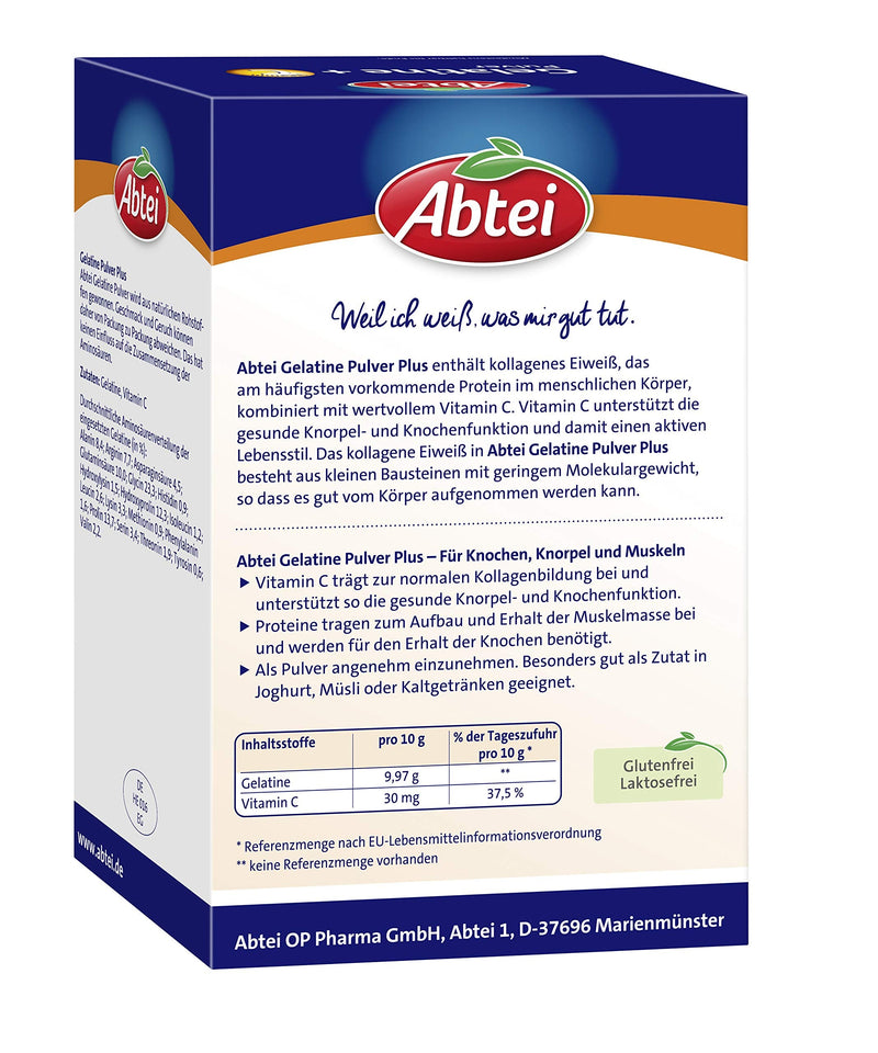 Abtei Gelatine Powder Plus - pure gelatin and vitamin C for bones, cartilage and muscles - laboratory tested and high dosage - 400 g (4 x 100 g) - supply pack for 40 days 40 portions (pack of 1) - NewNest Australia