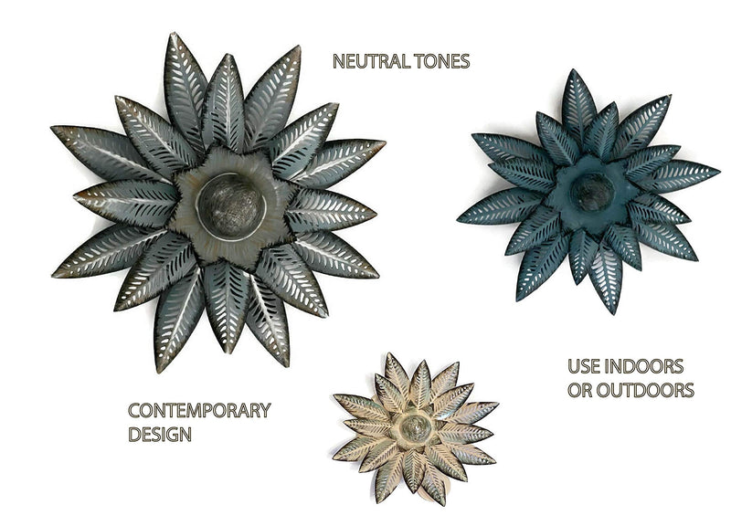 NewNest Australia - Metal Flower Wall Art Decor - Set of 3 – Rustic/Contemporary Multiple Layer Decorative Floral Sculptures – Living Room, Bedroom, Dining Room, Outdoors 