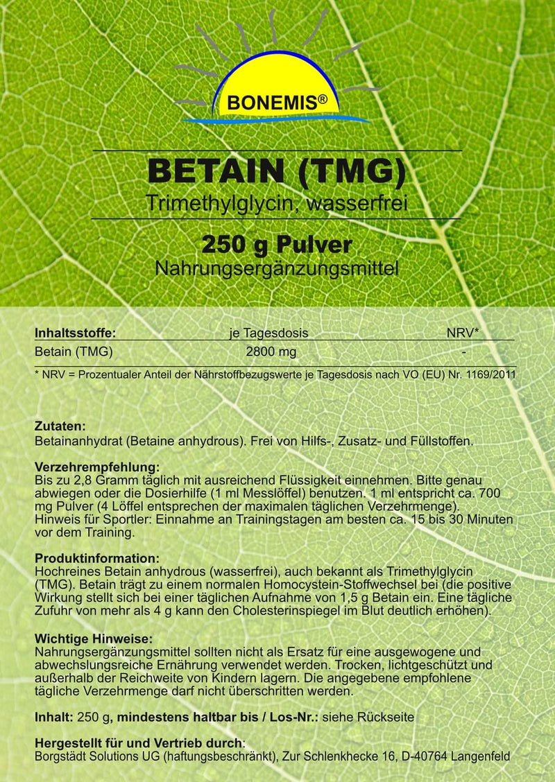 Betaine (TMG/trimethylglycine), premium quality without additives, Betaine anhydrous (anhydrous), vegan, neutral in taste, 250 g powder in a bag, Bonemis® - NewNest Australia